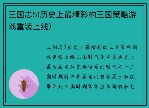 三国志5(历史上最精彩的三国策略游戏重装上线)